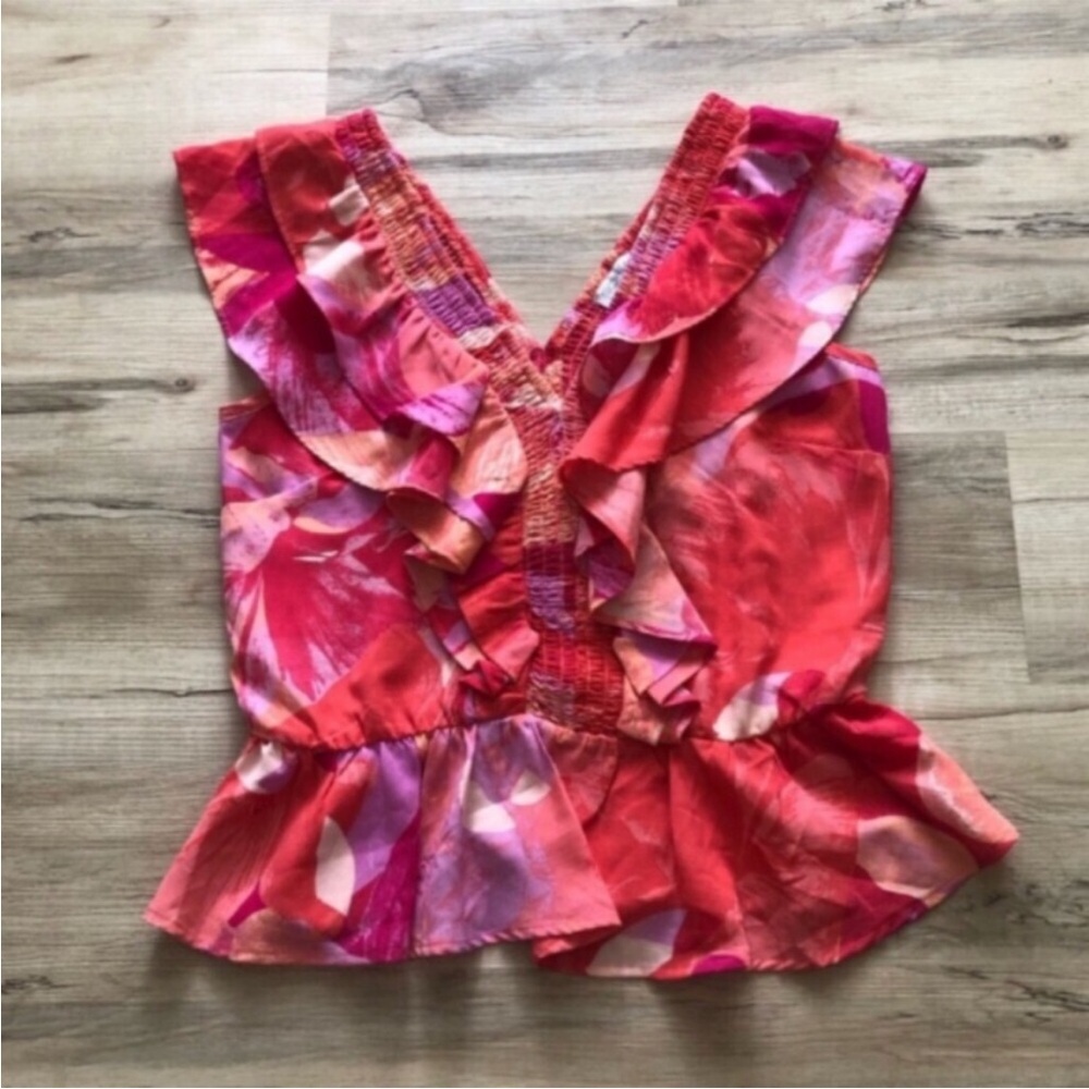Women’s Red-Pink Ruffle V-Neck Sleeveless Top